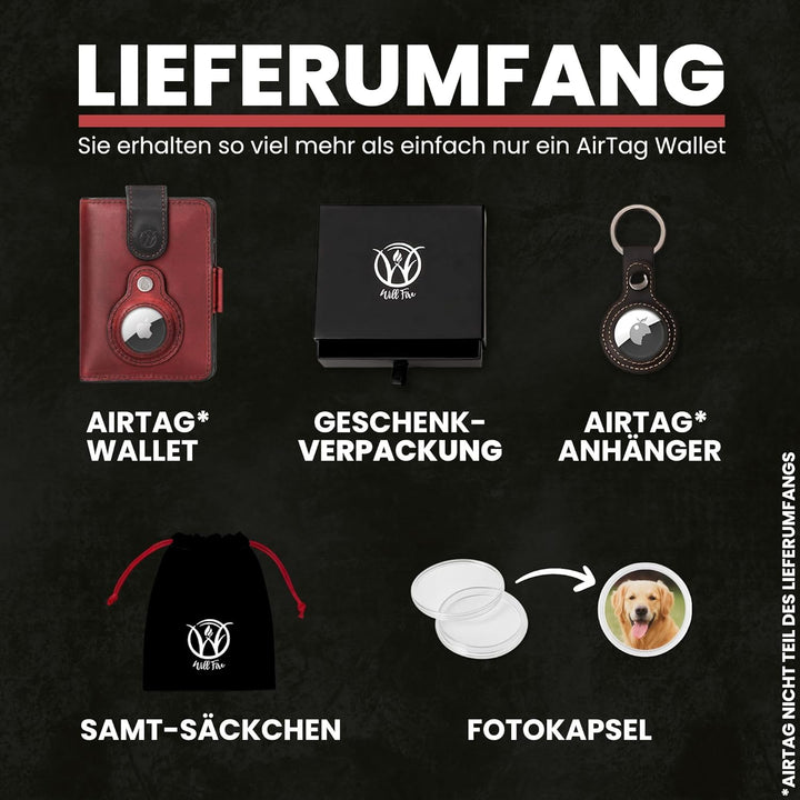 Will Fire® AirTag Wallet | Inkl. Airtag Anhänger | Leder Geldbörse mit Münz- &amp; Scheinfach | Extra ge