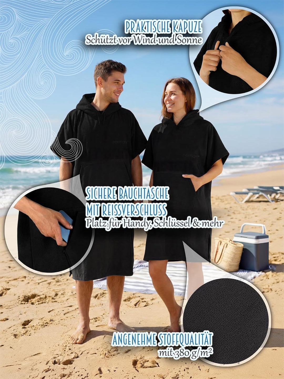 normani Baumwoll Surfer Poncho - Strandponcho - Handtuch-Poncho - Unisex Strand Umziehhilfe - geschl