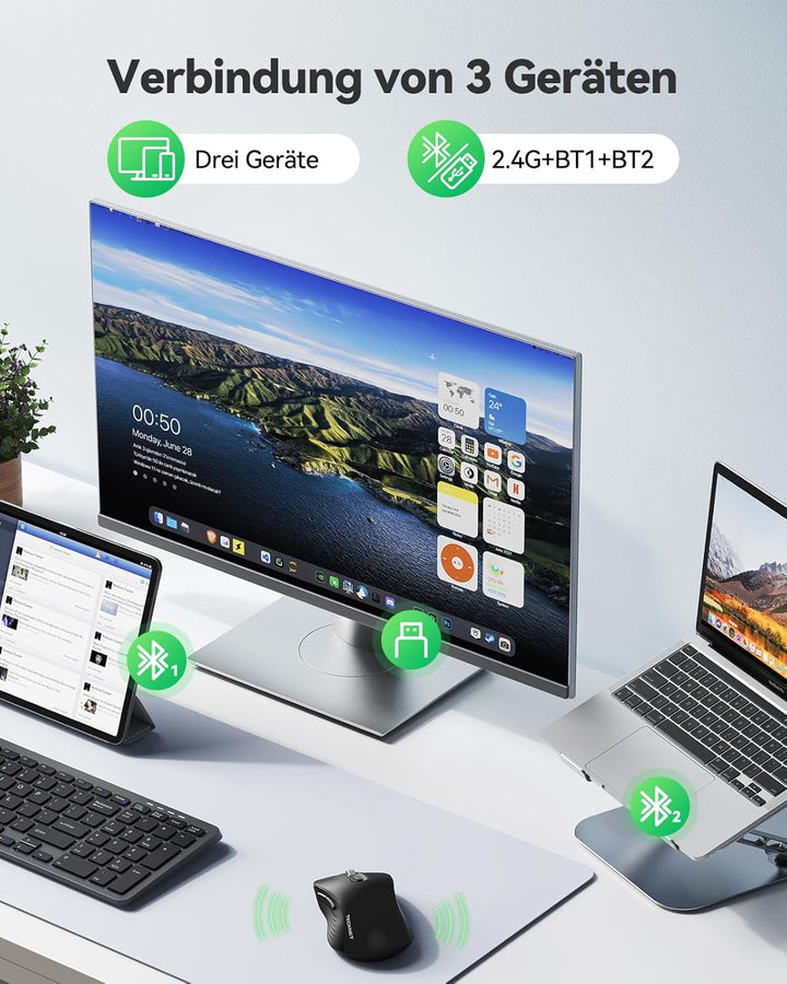 TECKNET Bluetooth Maus Kabellos, Wiederaufladbare Funkmaus mit 4-Wege-Scrollrad, 4800 DPI 6 Stufen,