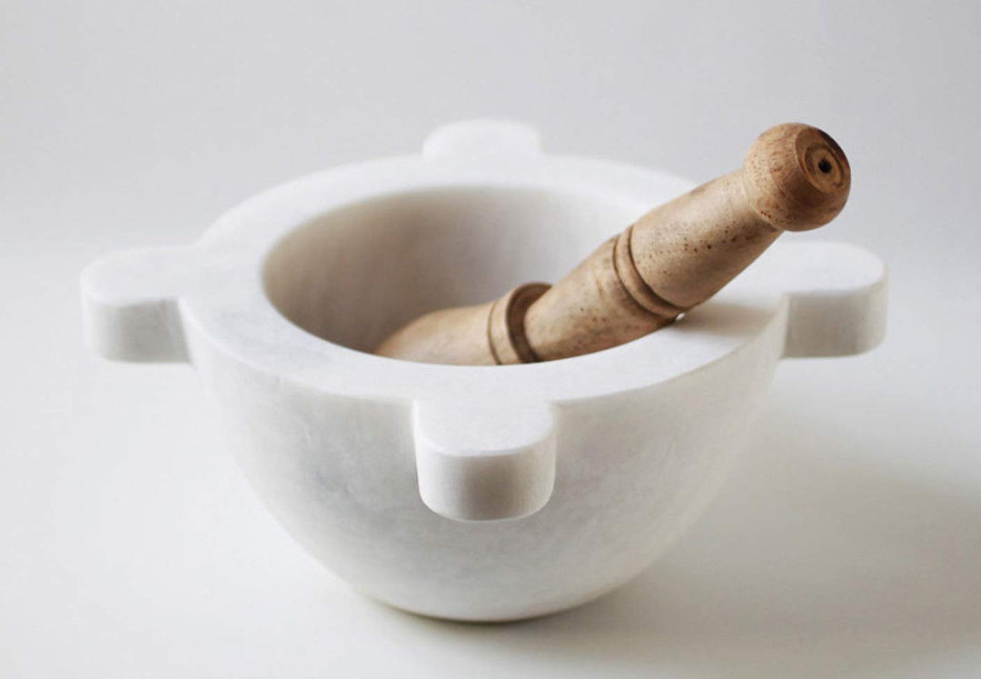 CBAM Apotheken-Mörser aus weissem Marmor mit Stössel aus Holz Weiss Marble Mortar 18 cm