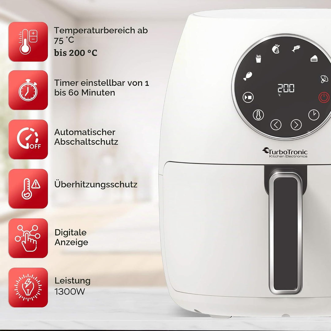 Heissluftfritteuse 3,5L NEU mit Silikoneinlage Airfyer für 0,3 kg Pommes Power 75-200°C 1300 W, 6 Pr