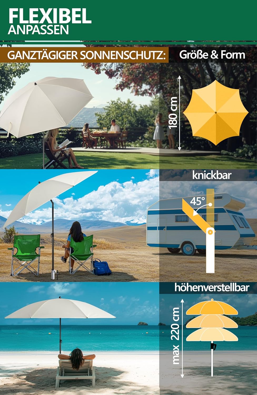 4smile Sonnenschirm Strand 3-in-1 Set, Ø 180 cm, Beige, Strandschirm Windfest Stabil, UV50 Sonnensch