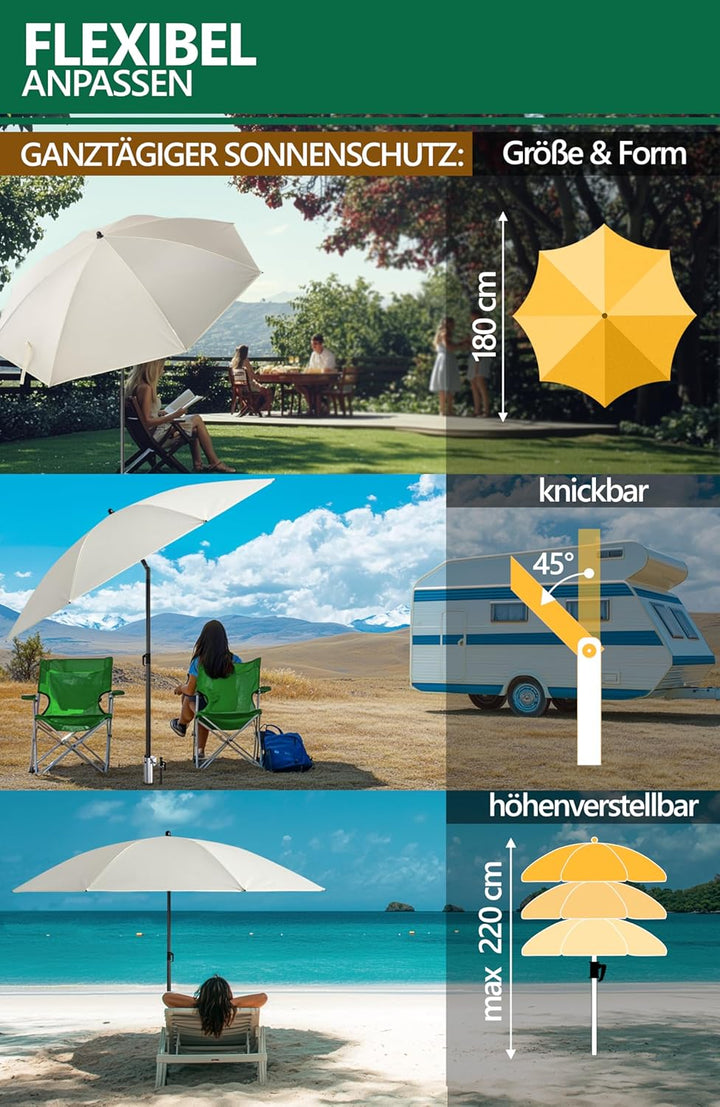 4smile Sonnenschirm Strand 3-in-1 Set, Ø 180 cm, Beige, Strandschirm Windfest Stabil, UV50 Sonnensch