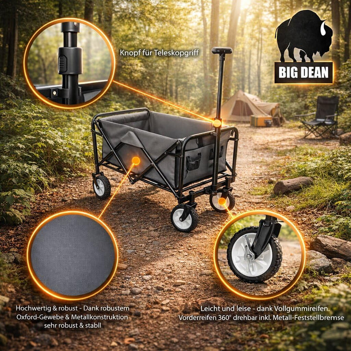 BigDean Bollerwagen faltbar bis 80kg grau schwarz kompakter Faltbollerwagen | Transportwagen klappba