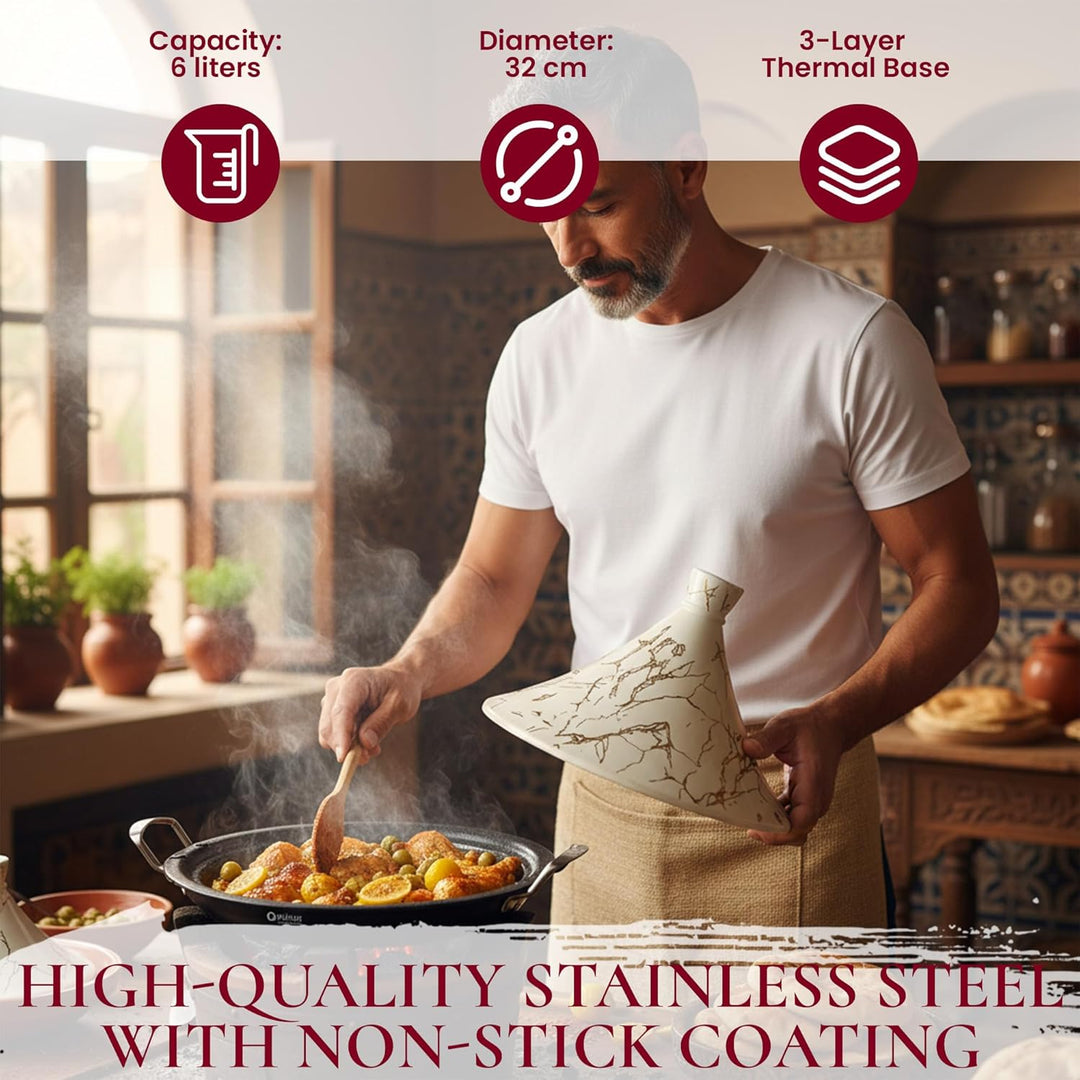 Royal Swiss Tajine 34 cm – Edelstahl mit Keramikdeckel & Dampfventil, Induktion & Alle Herdarten, En