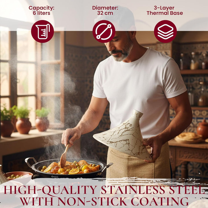 Royal Swiss Tajine 34 cm – Edelstahl mit Keramikdeckel & Dampfventil, Induktion & Alle Herdarten, En