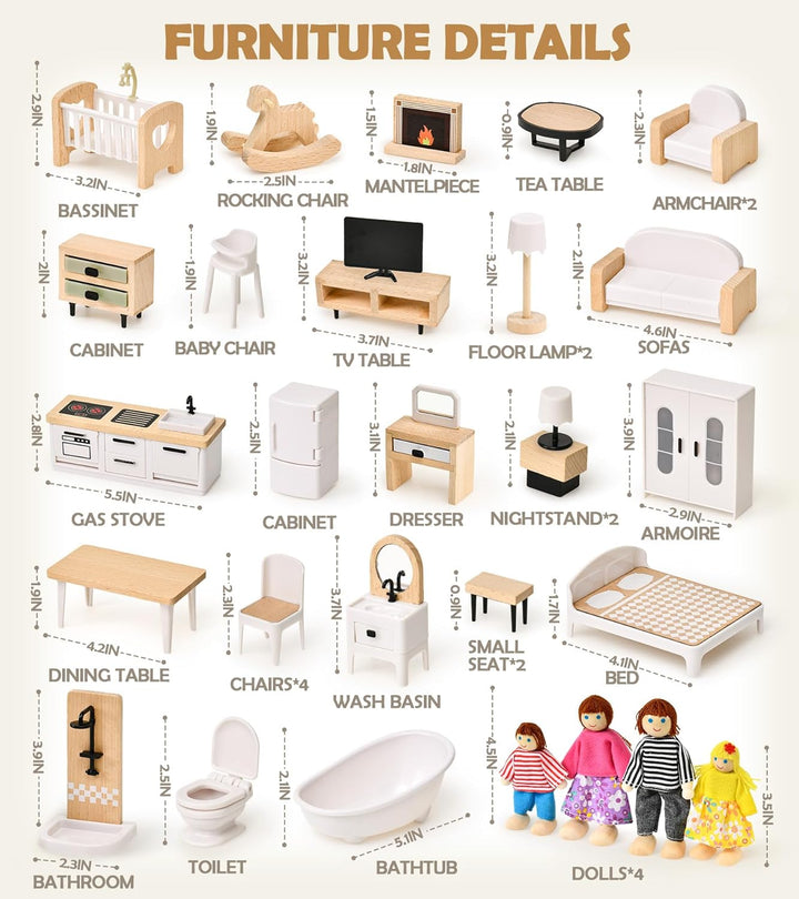 Atoylink Puppenhaus Möbel Set aus Buchenholz &amp; Kunststoff, Zubehör Spielzeug mit Puppenhaus Puppen,