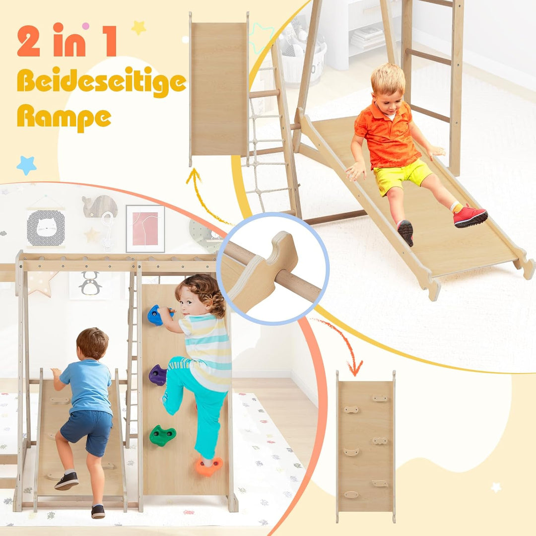 COSTWAY Klettergerüst Indoor, 6 in 1 Kletterleiter & Kletterstrick & Kletterfelsen & Rutsche & Affen
