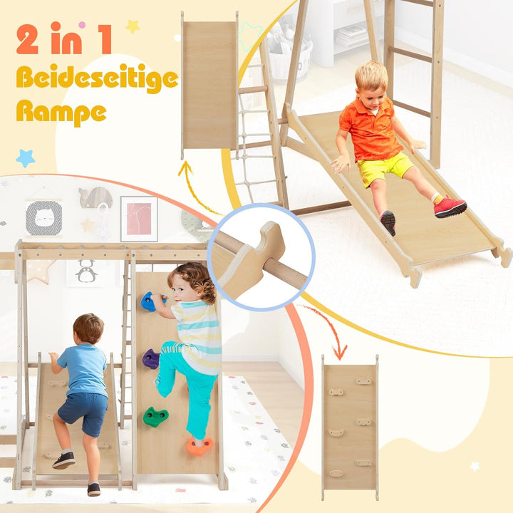 COSTWAY Klettergerüst Indoor, 6 in 1 Kletterleiter & Kletterstrick & Kletterfelsen & Rutsche & Affen