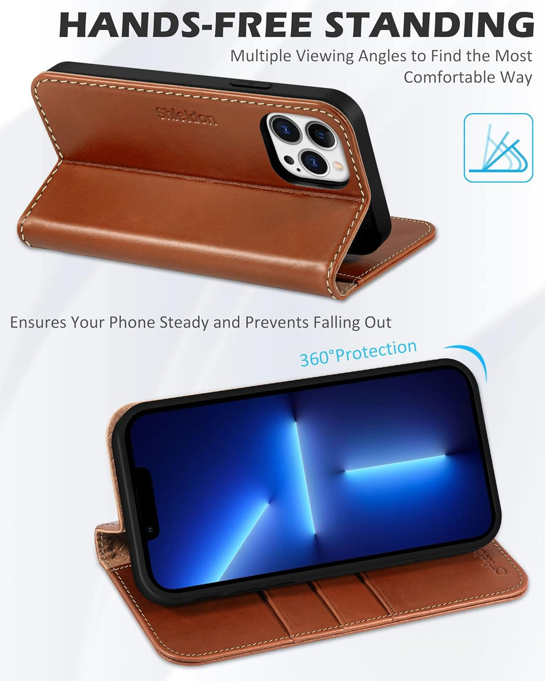 SHIELDON Hülle für iPhone 13 Pro 5G Handyhülle [Echtleder] [Kartenfach] [Magnet] [Standfunktion] [RF