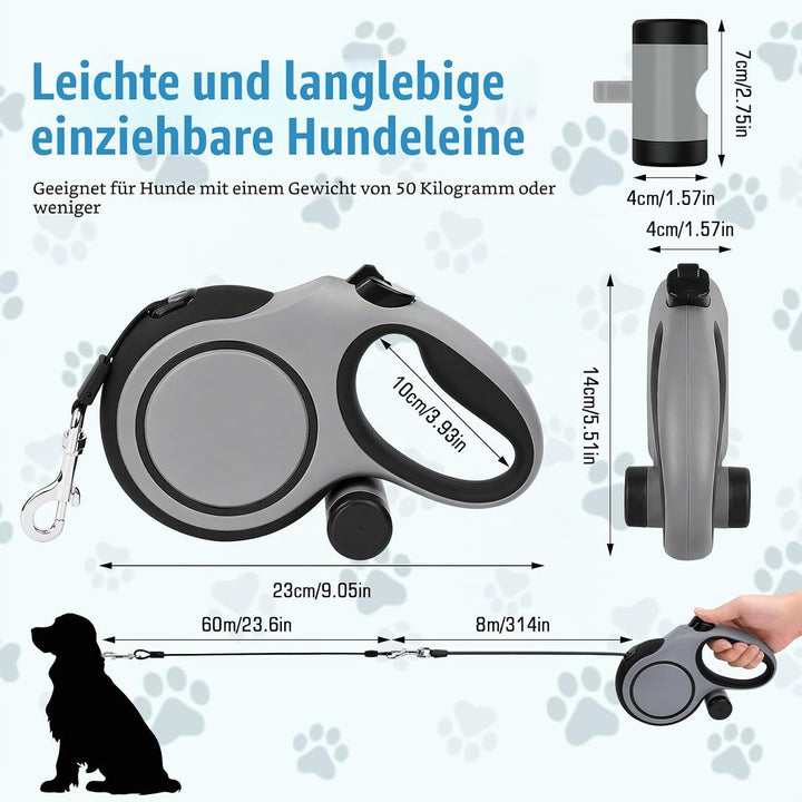 8m Rollleine Hundeleine ausziehbar für grosse Hunde bis 50kg, mit beissfeste Stahlseil-Verlängerung,