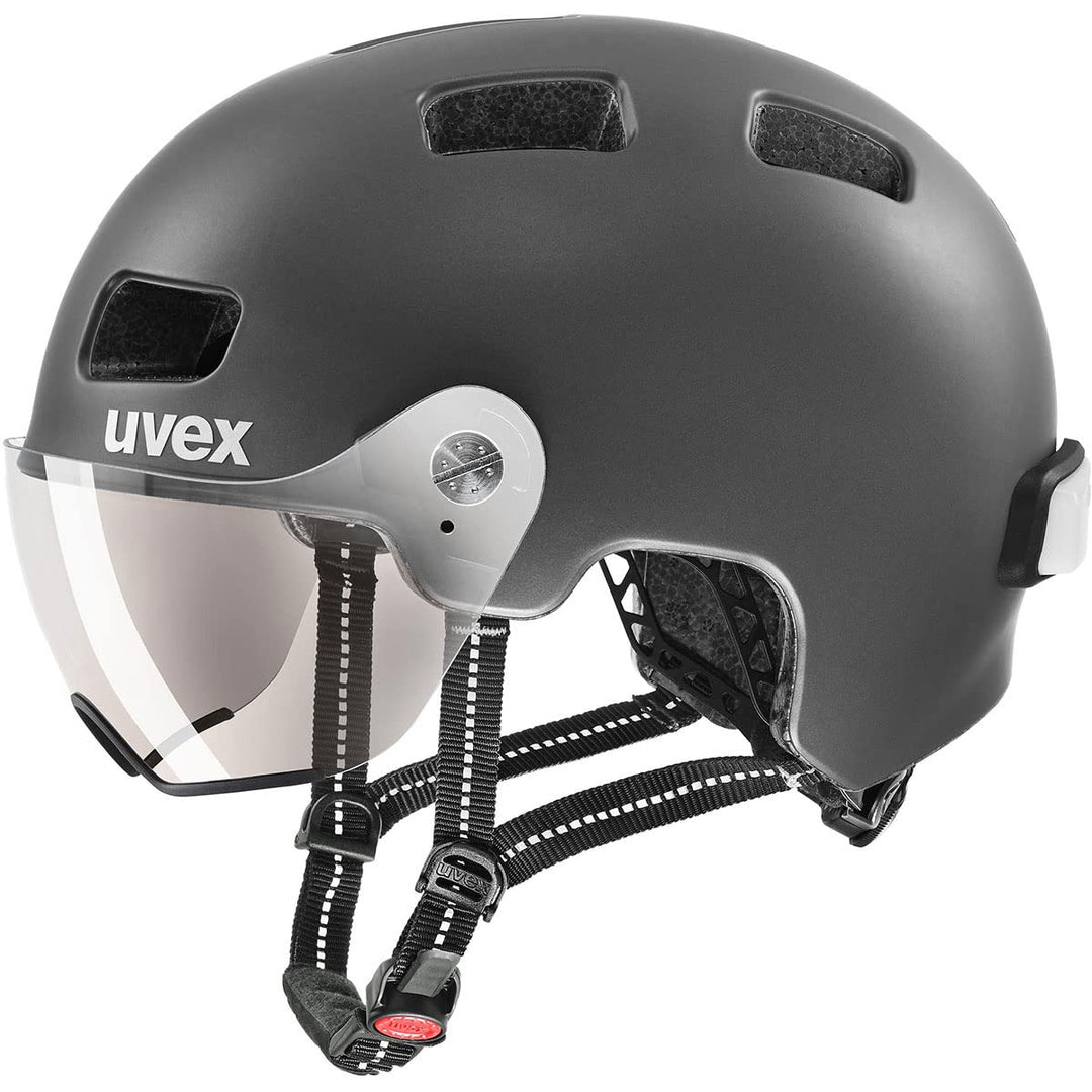 uvex rush visor - leichter City-Helm für Damen und Herren - mit Visier - inkl. LED-Licht - dark silv