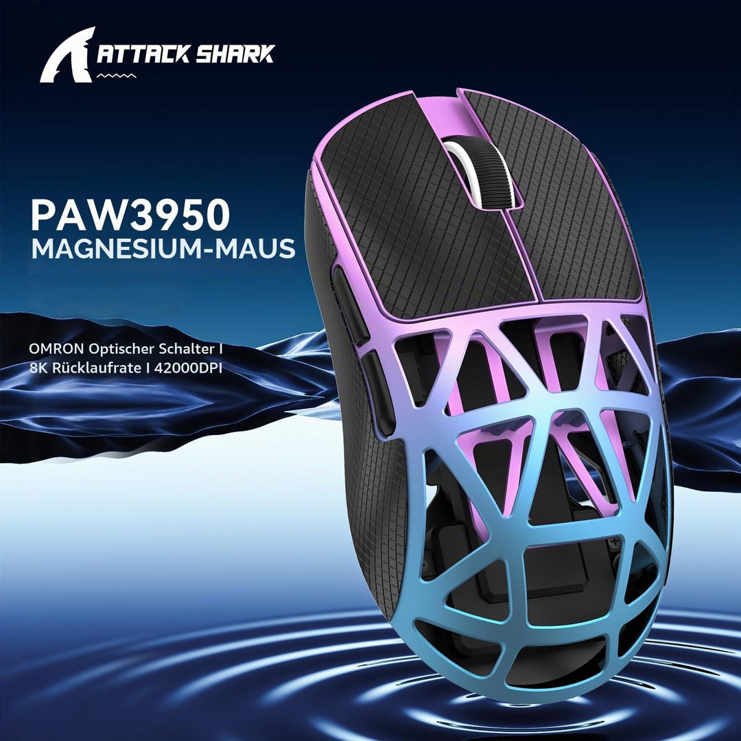 ATTACK SHARK R2 Gaming-Maus aus Magnesium, PixArt PAW3950 Sensor, kabellos, 8K, 48g, superleicht, BT