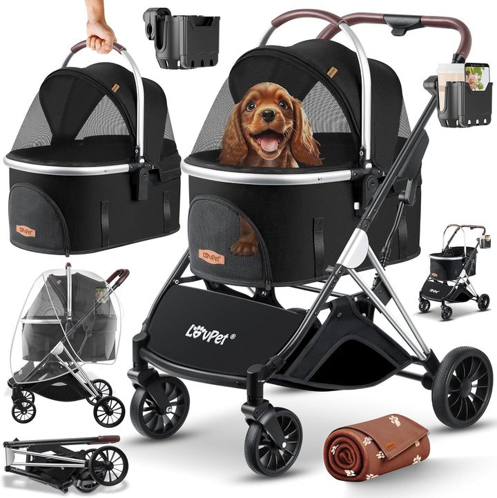 LOVPET® Hundewagen 3in1 Hundebuggy Hundebox Transporttasche 360° Grosse Räder Faltbar klappbar Haust