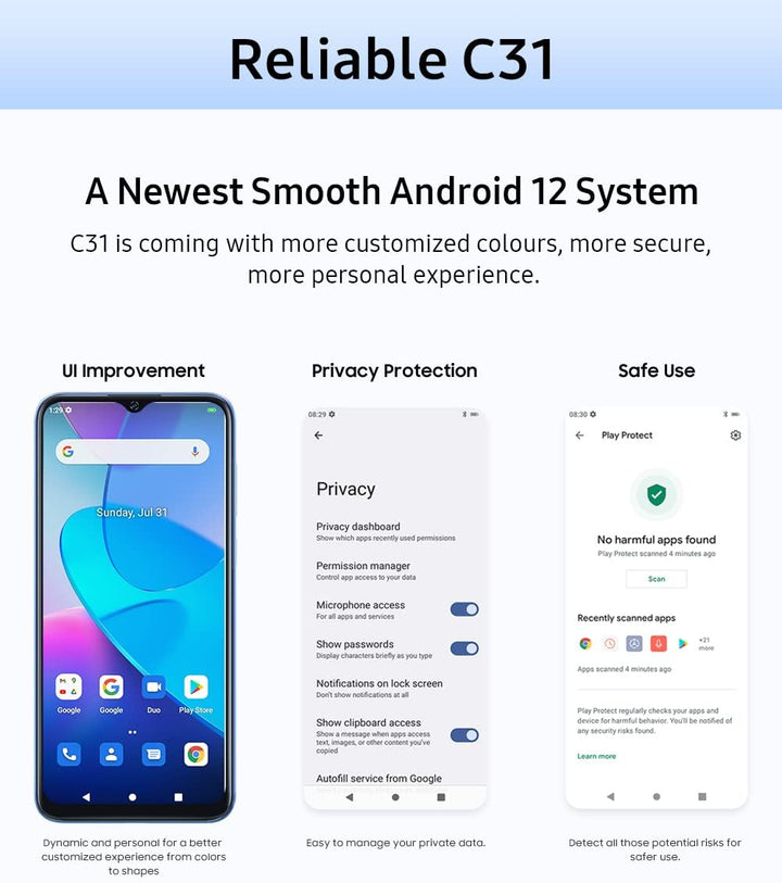 OUKITEL Android 12 Smartphone ohne Vertrag C31, 3GB+16GB, DUAL SIM+SD (3 Kartensteckplatz), Helio A2