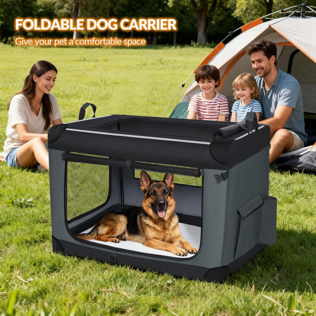Hundebox Faltbar, 3-Türiger Transportbox Hund, Tragbare Hundetasche mit Reflektierenden Streifen und