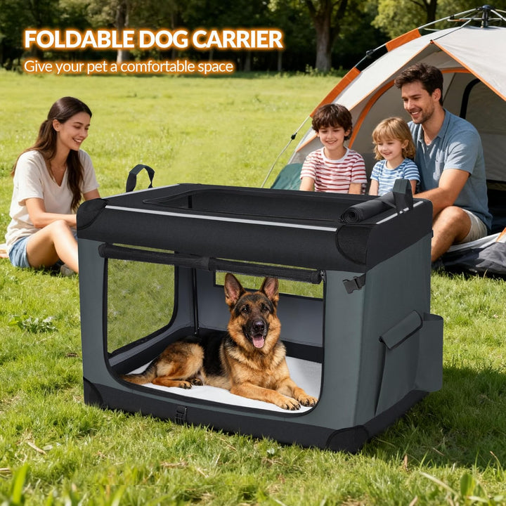 Hundebox Faltbar, 3-Türiger Transportbox Hund, Tragbare Hundetasche mit Reflektierenden Streifen und