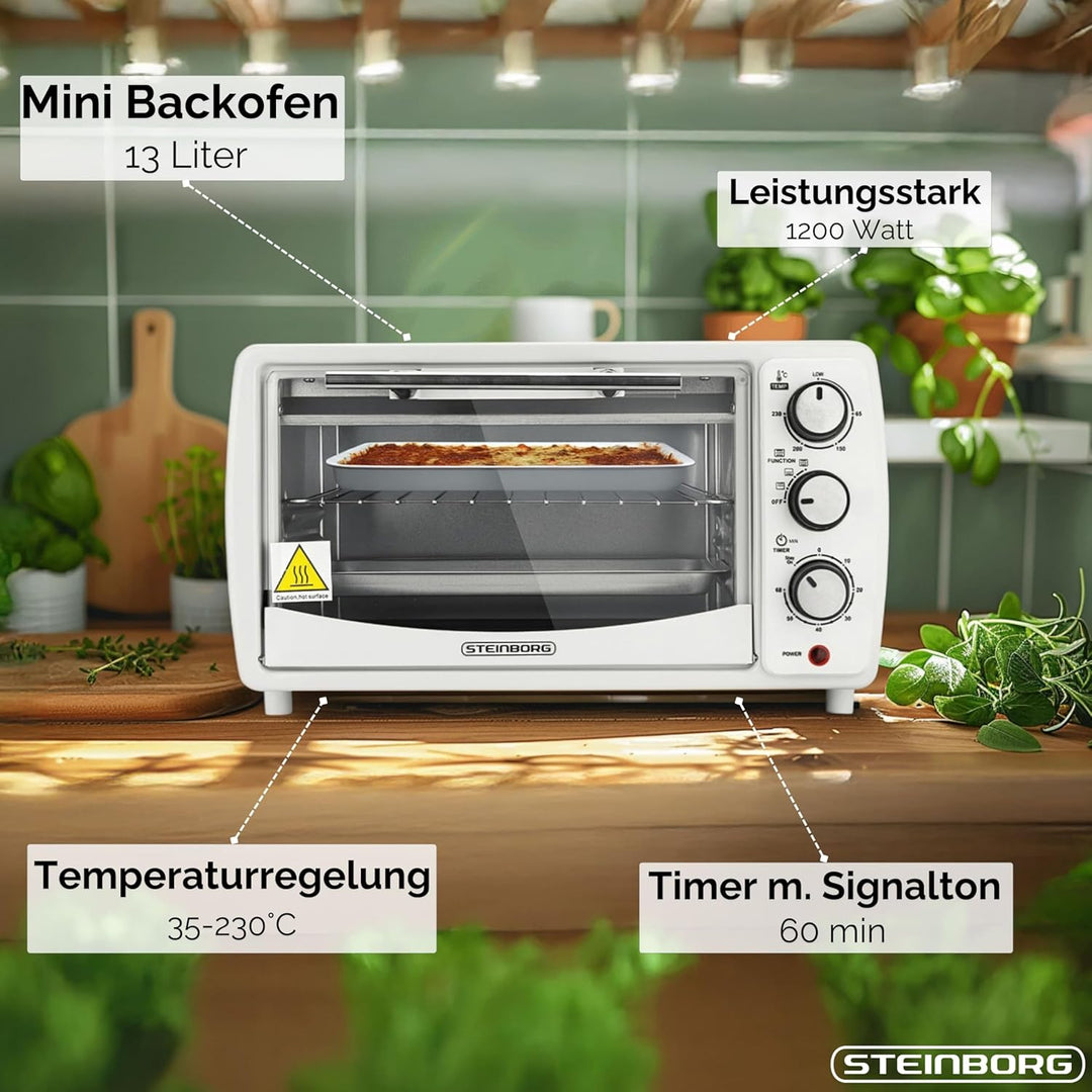 Mini Backofen 13 Liter | 1200 Watt | Pizzaofen | 65°-230°C | Timer | aufklappbares Krümelblech | Min