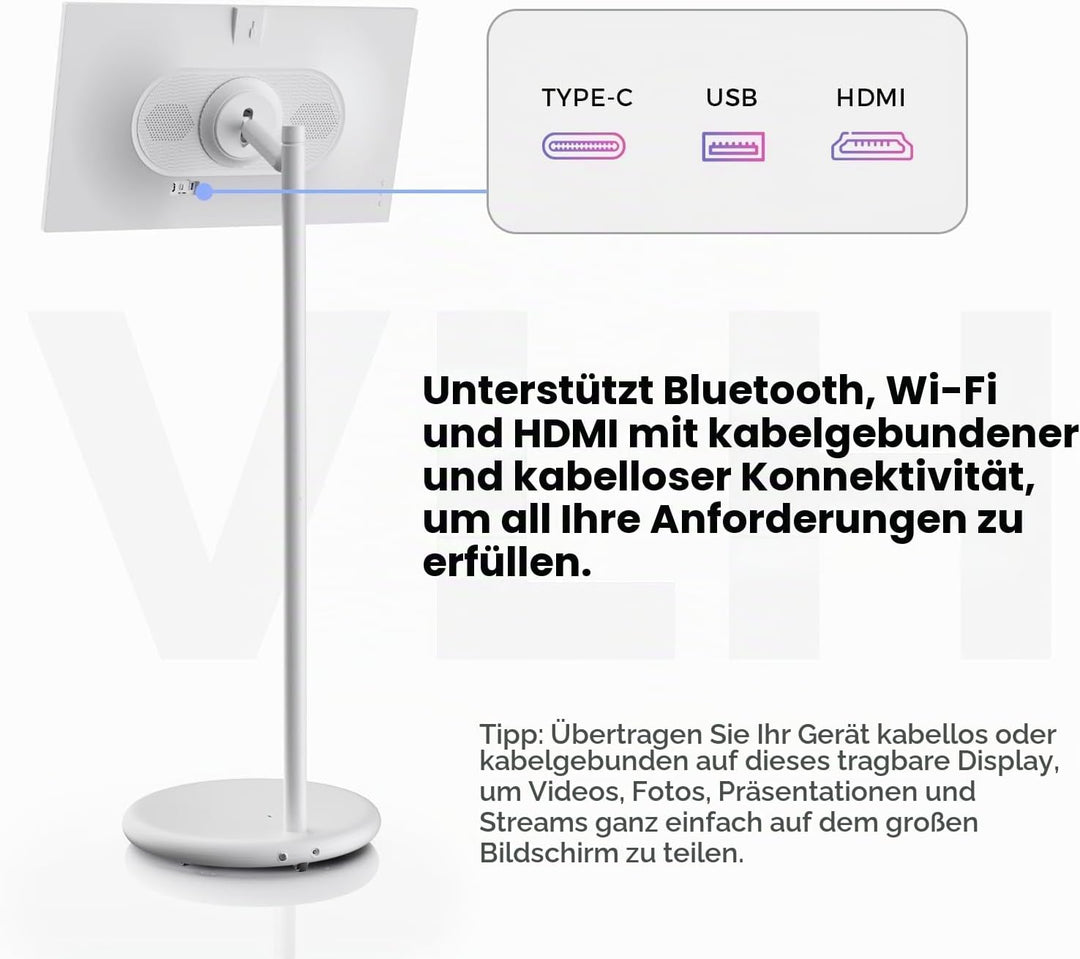 VLH 27 Zoll Portable TV auf Rollen, FHD Mobiler Tragbarer Fernseher, Android 15, EDLA-Zertifiziert,