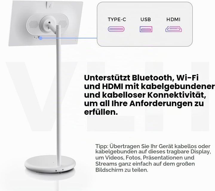 VLH 27 Zoll Portable TV auf Rollen, FHD Mobiler Tragbarer Fernseher, Android 15, EDLA-Zertifiziert,