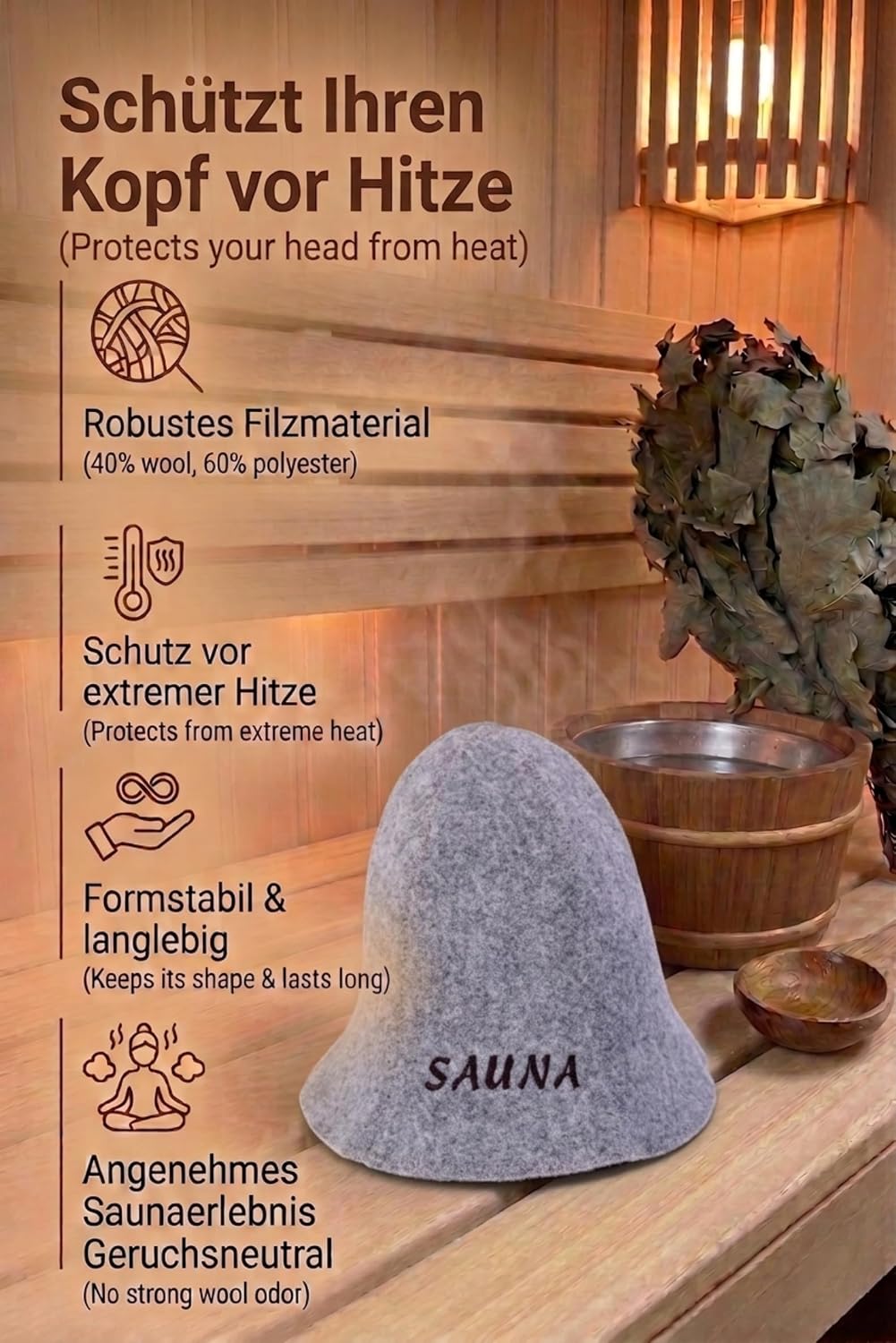 Saunahut Wolle mit Stickerei für Damen und Herren, Wellness Mütze Premium Qualität (DE/NL/SE/PL, Num