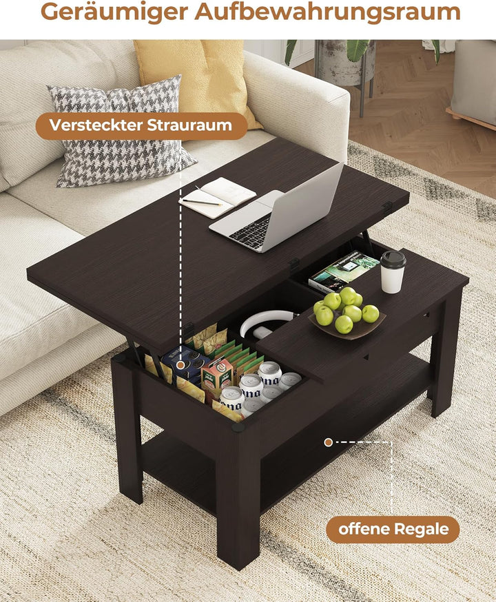 KIMENICH Couchtisch Höhenverstellbar, 3-in-1-Multifunktions-Wohnzimmertisch, Kaffeetisch, Versteckte
