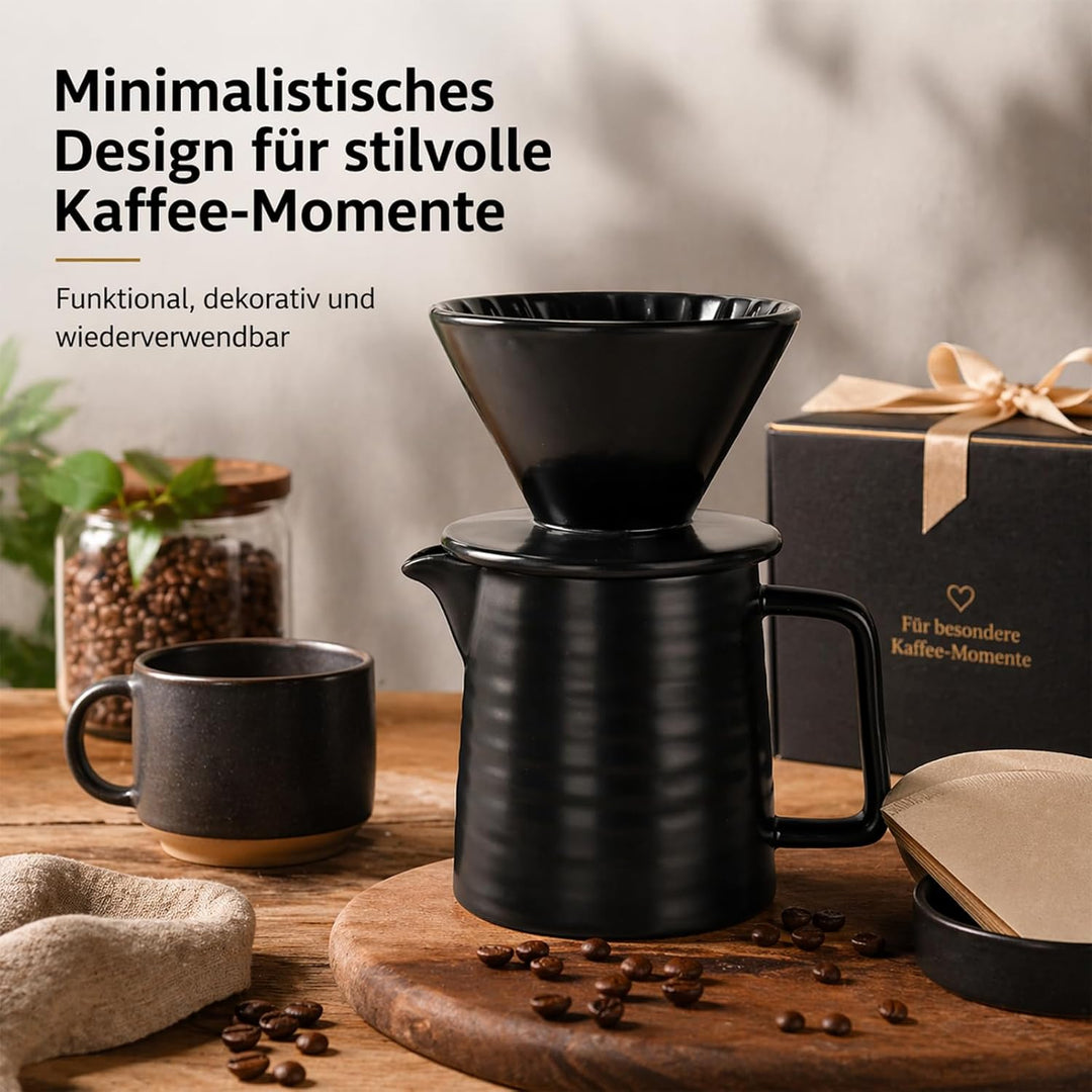 Keramik Kaffeebereiter Kaffeekanne mit Kaffeefilter - Handfilter Kaffee Set in Schwarz Hitzebeständi