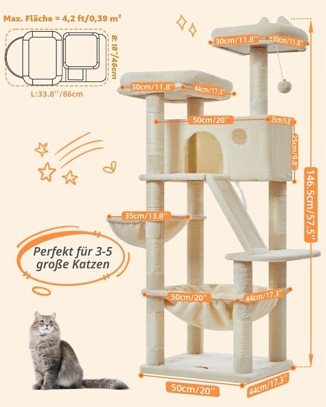 Taoqimiao 146CM Kratzbaum Gross, Katzenbaum Katzen Kratzbaum Grosse Katzen Stabil mit 2 Katzenhaus,