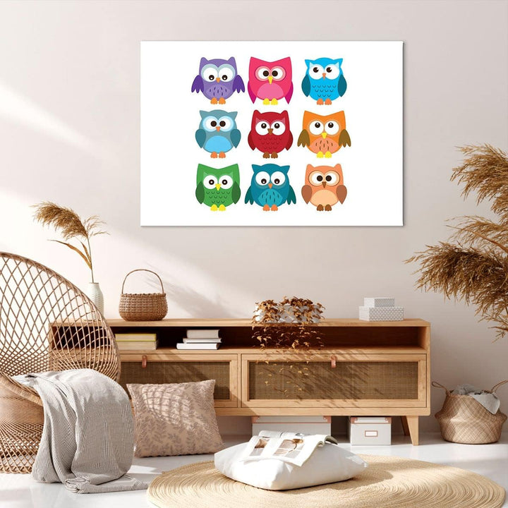 Bilder auf Leinwand 100x70cm Leinwandbild Eulen Bunt Kinder Zeichnung Gross Wanddeko Bild Schlafzimm