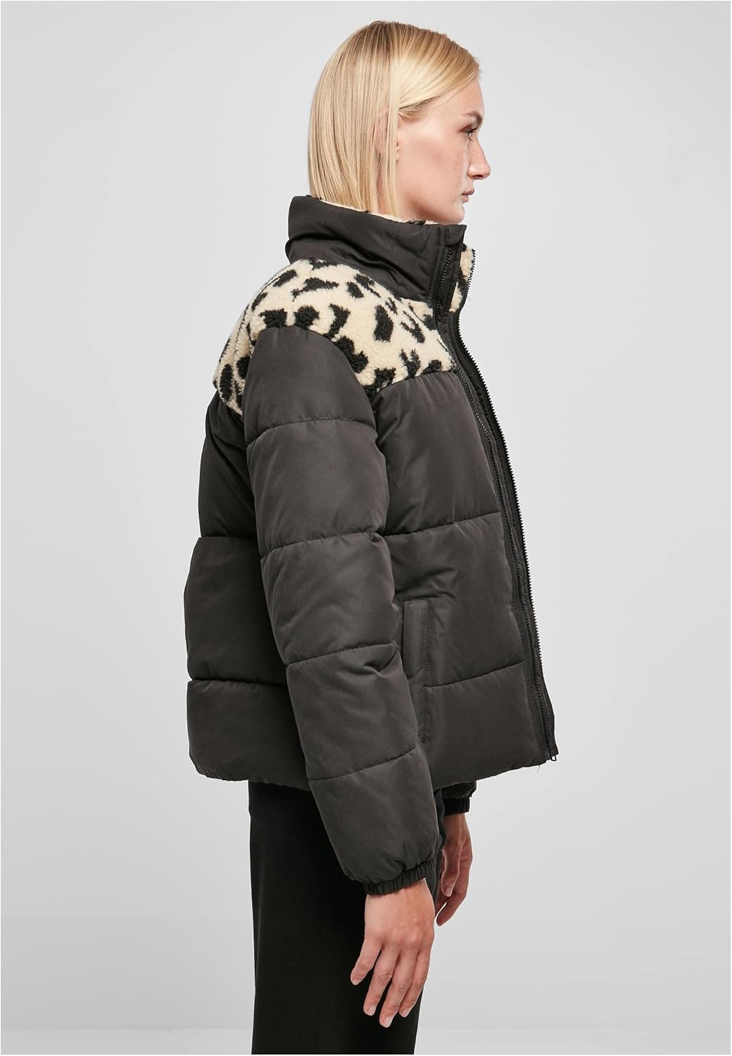 Urban Classics Damen Ladies AOP Sherpa Mixed Puffer Jacket Jacke 5XL Black/Sandleo, 5XL Black/Sandle