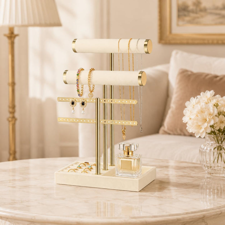 Schmuck Organizer mit 3 Ebenen - Beige Schmuckständer Armbänder, Abnehmbarer T-Steg Schmuck Ständer,