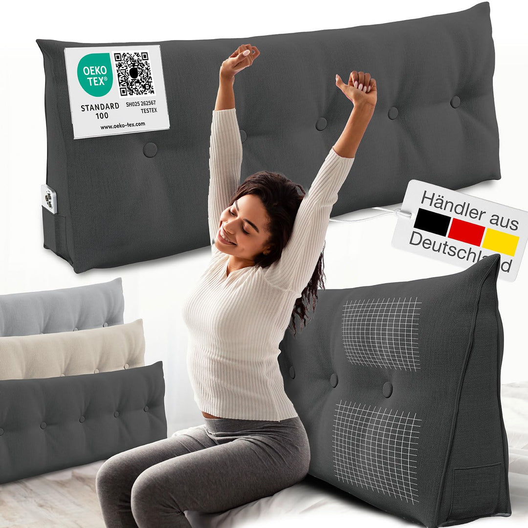 ELONEO Rückenkissen 140 cm breit, Keilkissen für Bett und Sofa geeignet, dreieckiges Lesekissen, Kis