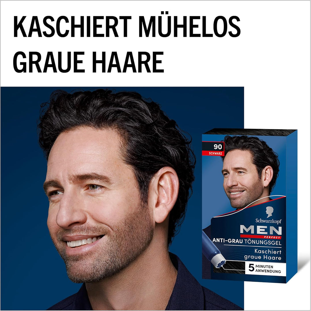 Schwarzkopf Men Perfect Anti-Grau Tönungs-Gel 90 Schwarz (80 ml), Haarfarbe für Männer blendet graue