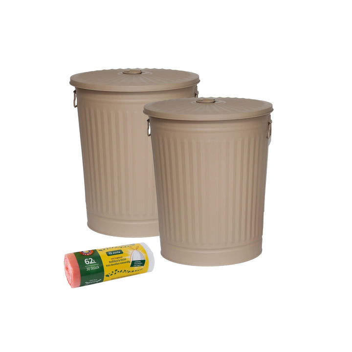 2er-Set Retrodesign Mülleimer mit Griffen und Deckel + 30 Müllbeutel | Beige | 62L 2 Mülleimer 62L +