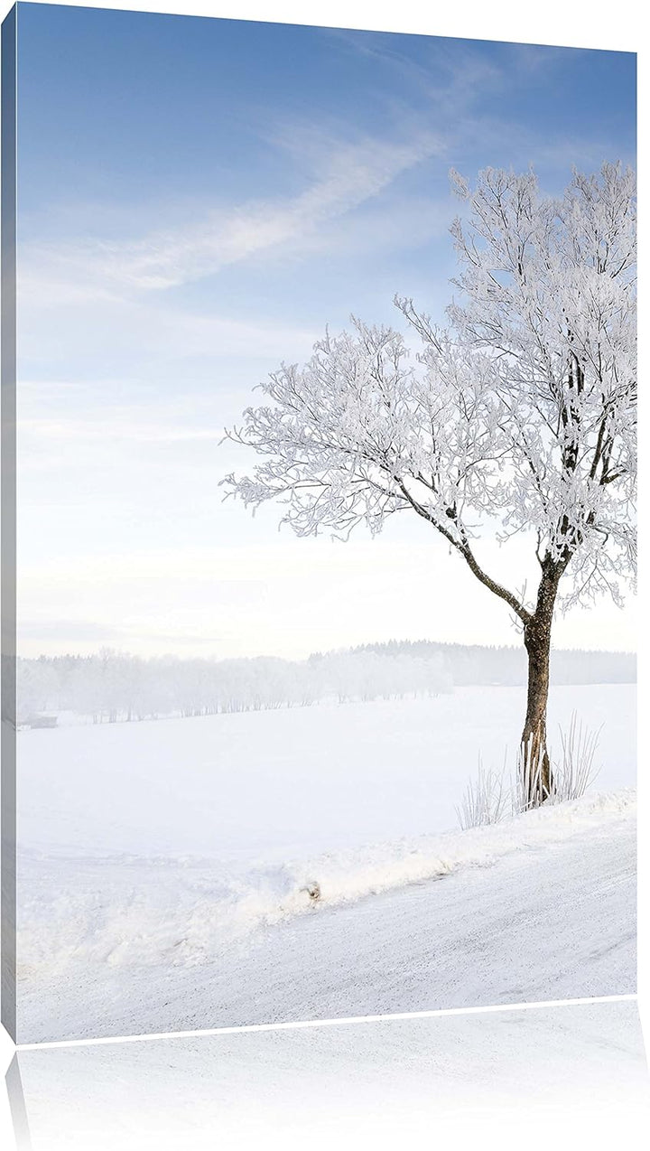 Pixxprint Baum im Schnee, Format: 100x70 auf Leinwand, XXL riesige Bilder fertig gerahmt mit Keilrah