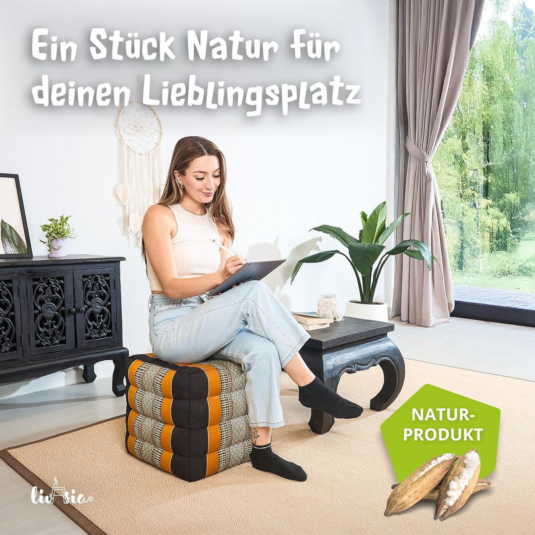 livasia Würfelkissen quadratisch, Sitzhocker mit organischem Kapok, Sitzpouf, Lagerungswürfel vierec