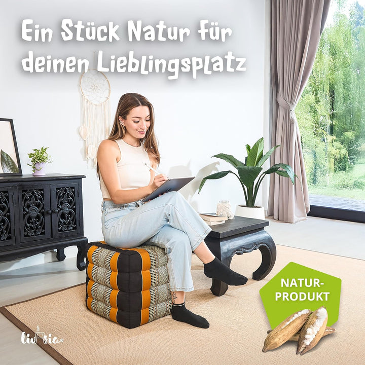 livasia Würfelkissen quadratisch, Sitzhocker mit organischem Kapok, Sitzpouf, Lagerungswürfel vierec
