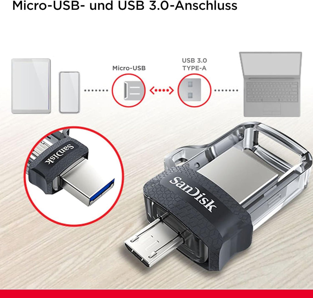SanDisk Ultra Dual USB-Laufwerk m3.0 Smartphone Speicher 32 GB (Mobiler Speicher, USB m3.0, versenkb