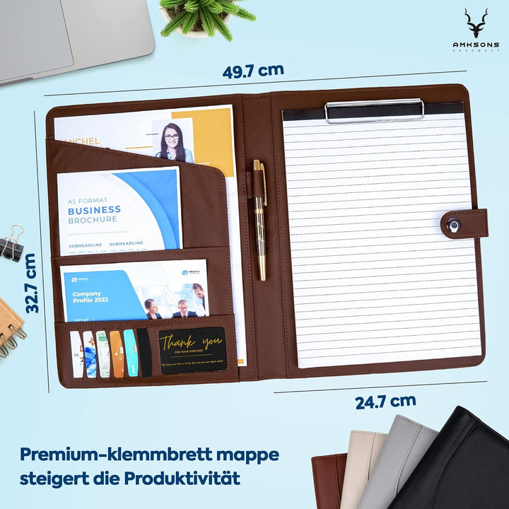 AMKSONS Schreibmappe A4 in Braun inklusive Klemmbrett & DIN A4 Notizblock - Premium Konferenzmappe a