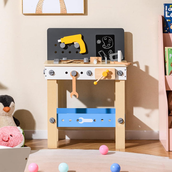 HOMASIS Werkzeugbank Kinder, Werkbank Spielwerkbank Holz, Werkstatt mit 50 TLG. Zubehör &amp; Tafel &amp; Ar
