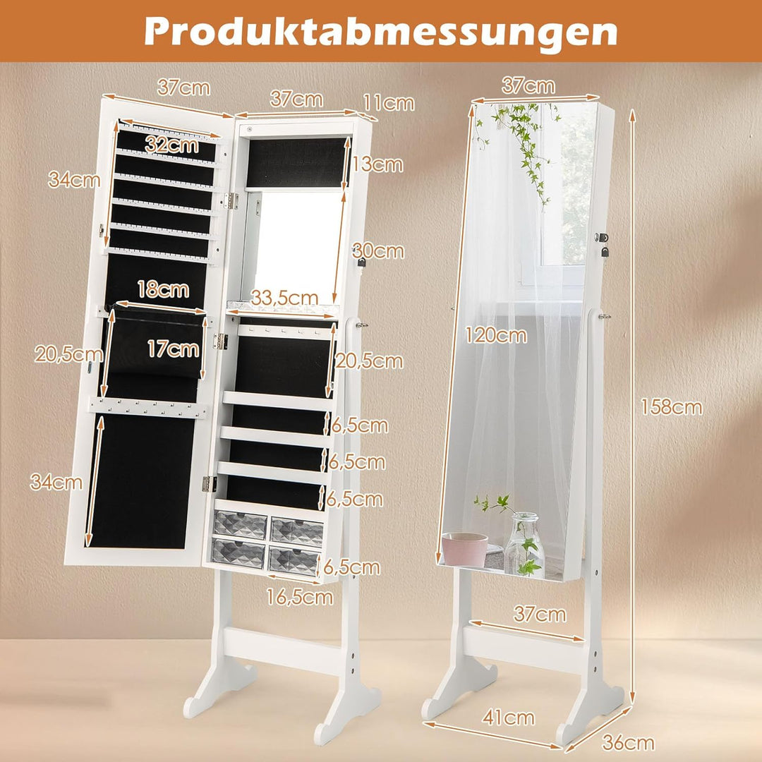 COSTWAY Schmuckschrank neigungsverstellbar, freistehender Schmuckregal mit Ganzkörperspiegel & inner