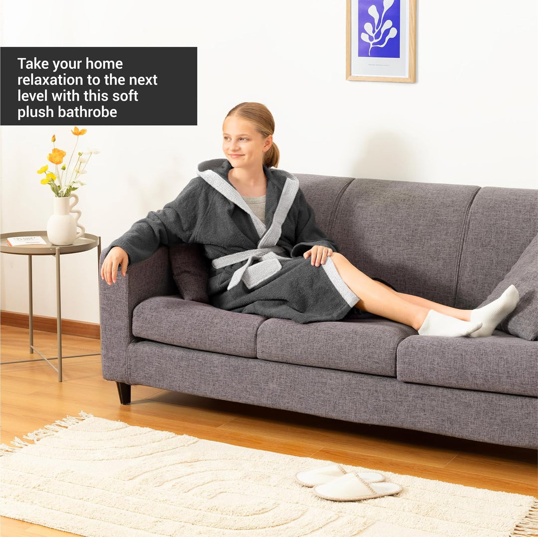 HOMELEVEL Frottee Bademantel für Kinder - Morgenmantel mit Taschen Kapuze Gürtel - Kinderbademantel