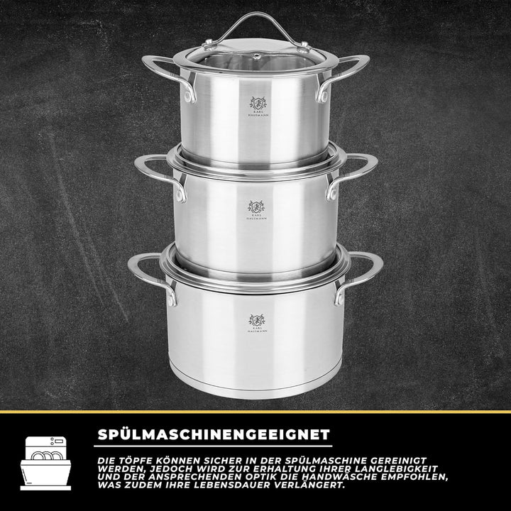 Topfset Induktion 3-teilig, Kochtopf Set mit Glasdeckel, Edelstahl mattiert, Induktions Töpfe Set un