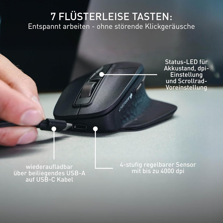 CHERRY Stream Mouse Ultimate, Kabellose Ergonomische Maus, Schwarz