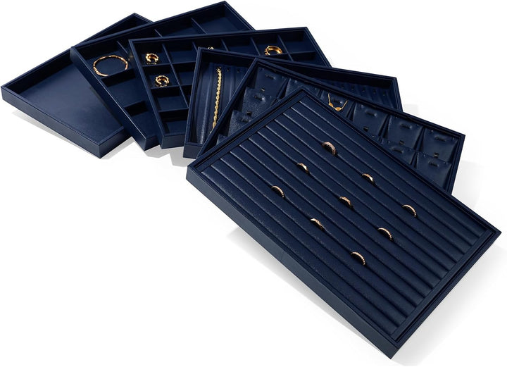 Oirlv Blau PU Leder Schmucktabletts Flat Tabletts Ring Halskette Uhr Organizer Display Tabletts(35X2