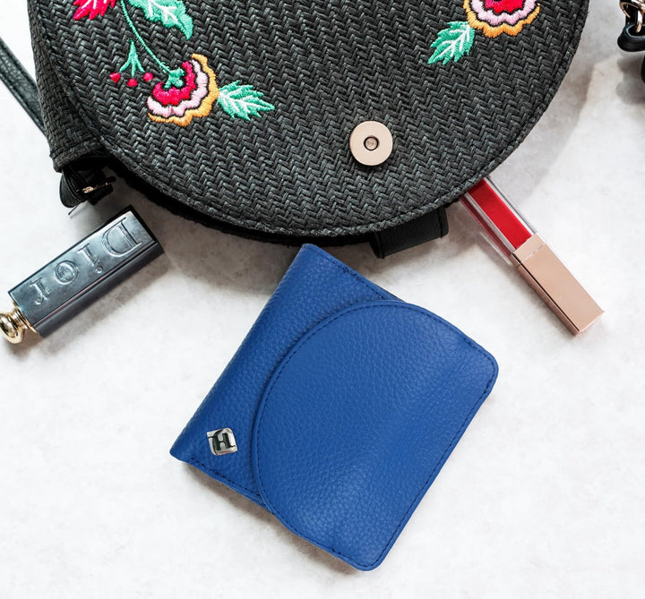 Portmonee Damen klein kompakt, Reise Geldbörse, viele Fächer, Leder blau, RFID Blocker, Münzfach | W