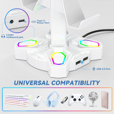 RGB Kopfhörer Halter, KDD Headset Halterung Drehbar mit 9 Lichtmodi, Controller Halter mit 2 USB Ans