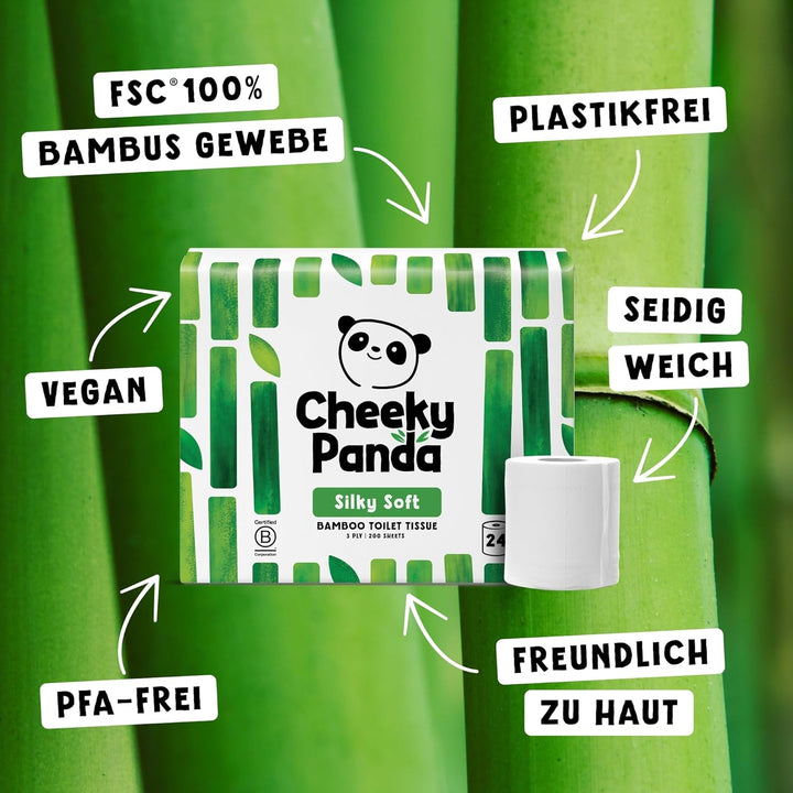The Cheeky Panda Bambus Toilettenpapier 3-Lagig Grosspackung | 24 Rollen x 200 Blatt | Klopapier Pla