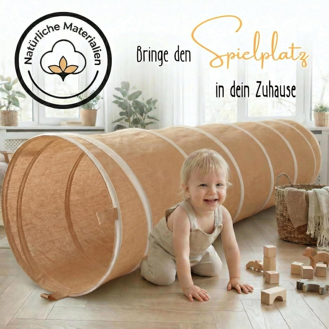 Spieltunnel für Kinder aus Baumwolle/Hanf mit Klettverschlüssen [180cm x 46cm] Krabbeltunnel für Bab