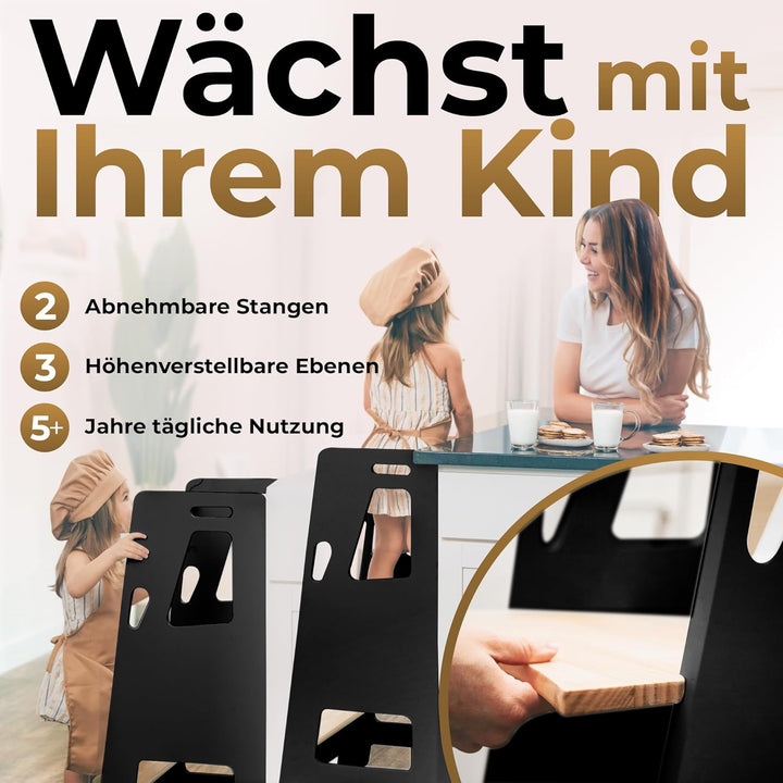 BEY &amp; CO® Lernturm/Entdeckerturm aus Holz – Küchenhelfer für Kinder – 3-Fach höhenverstellbar, mit R